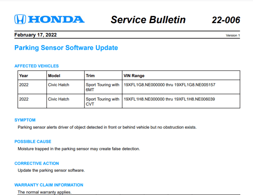 11th Gen Honda Civic SB 22-006: 2022 Hatchback Sport Touring 6MT & CVT software update for Parking Sensors 1645451927233