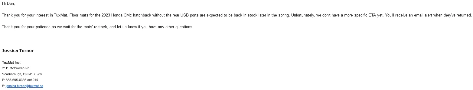 11th Gen Honda Civic TuxMat mats out of stock? 1677042639605