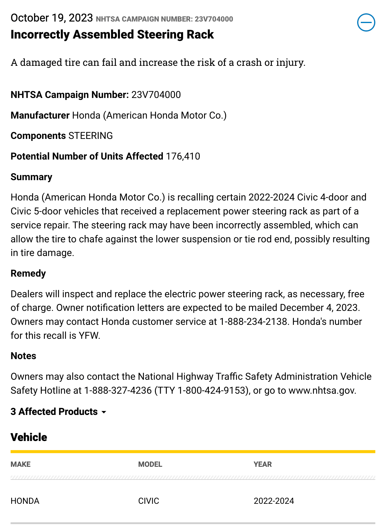 11th Gen Honda Civic Recall 23V704000 - Incorrectly Assembled Steering Rack 1698773674337