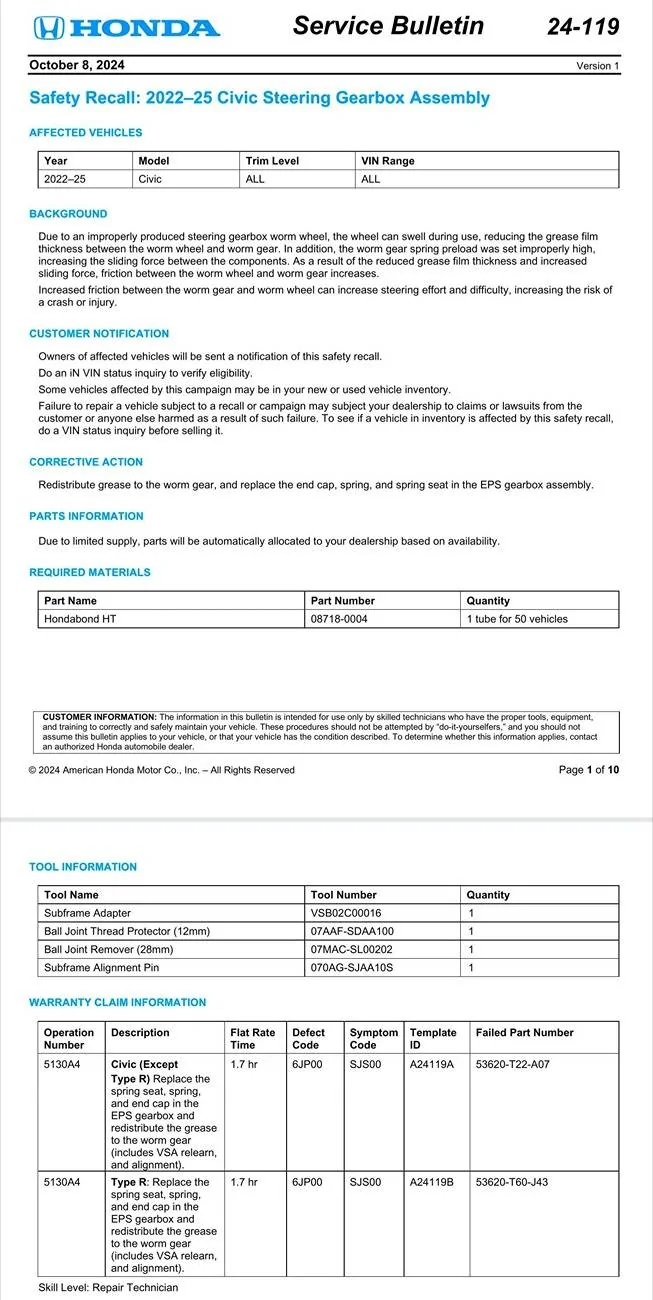 11th Gen Honda Civic FL5 recall (2022-2025 Civic Steering Gearbox Assembly) 3e4fe06b-435c-4311-aac4-0eb50ae7a59e-jpg