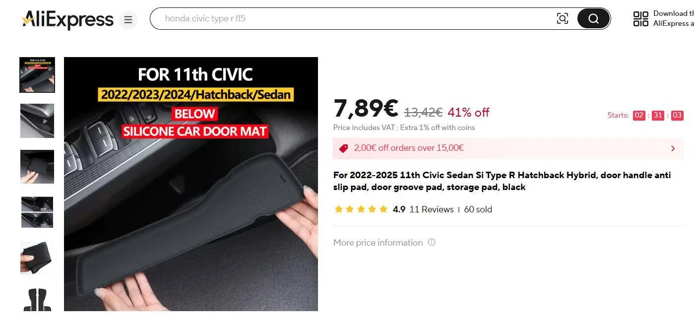 11th Gen Honda Civic Cup Holder and other doors anti slip rubber mats ali3