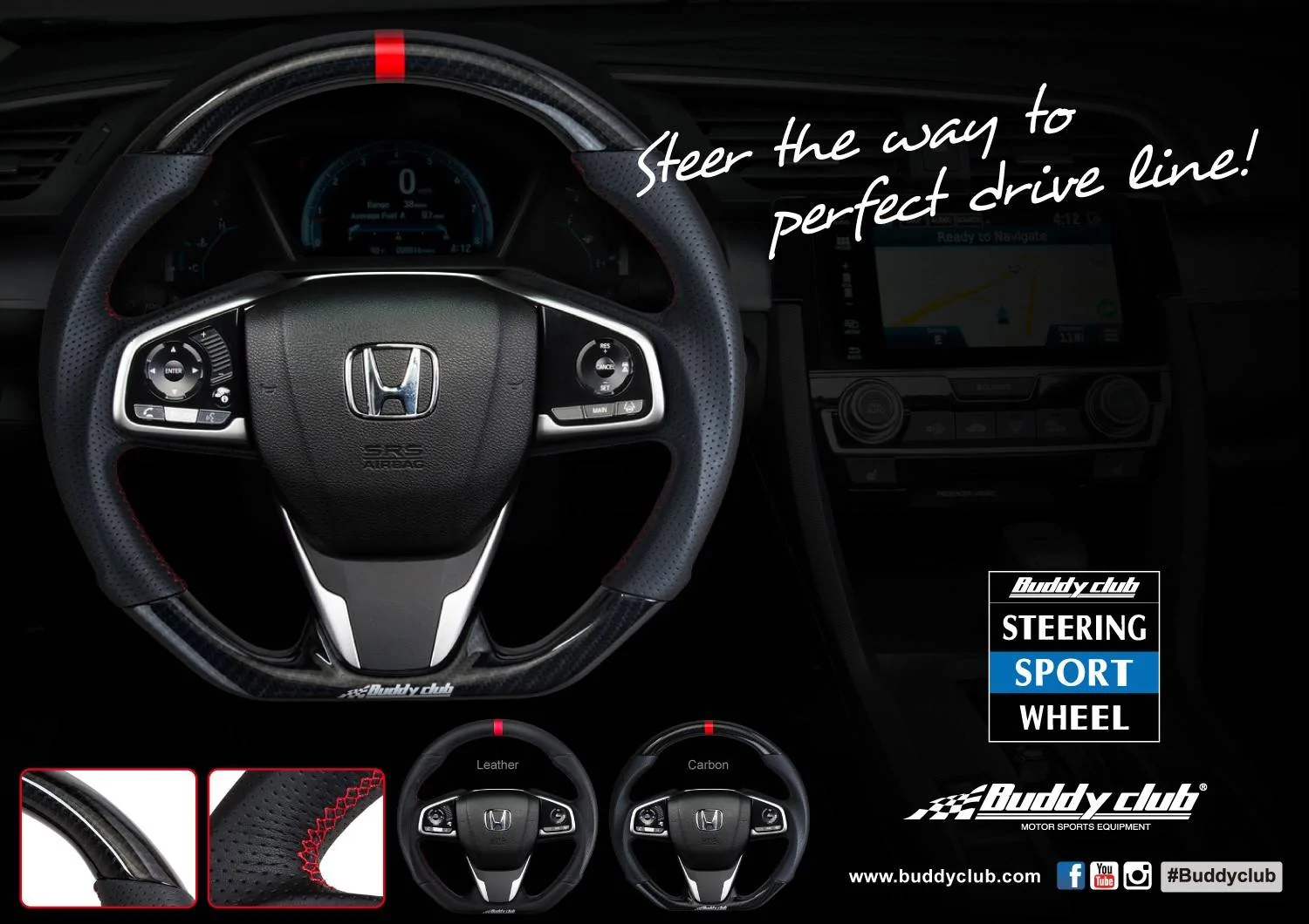 11th Gen Honda Civic Buddy Club 16-18 Civic Sport Steering Wheels |Carbon Fiber | Leather BC08-RSSWFC-C2