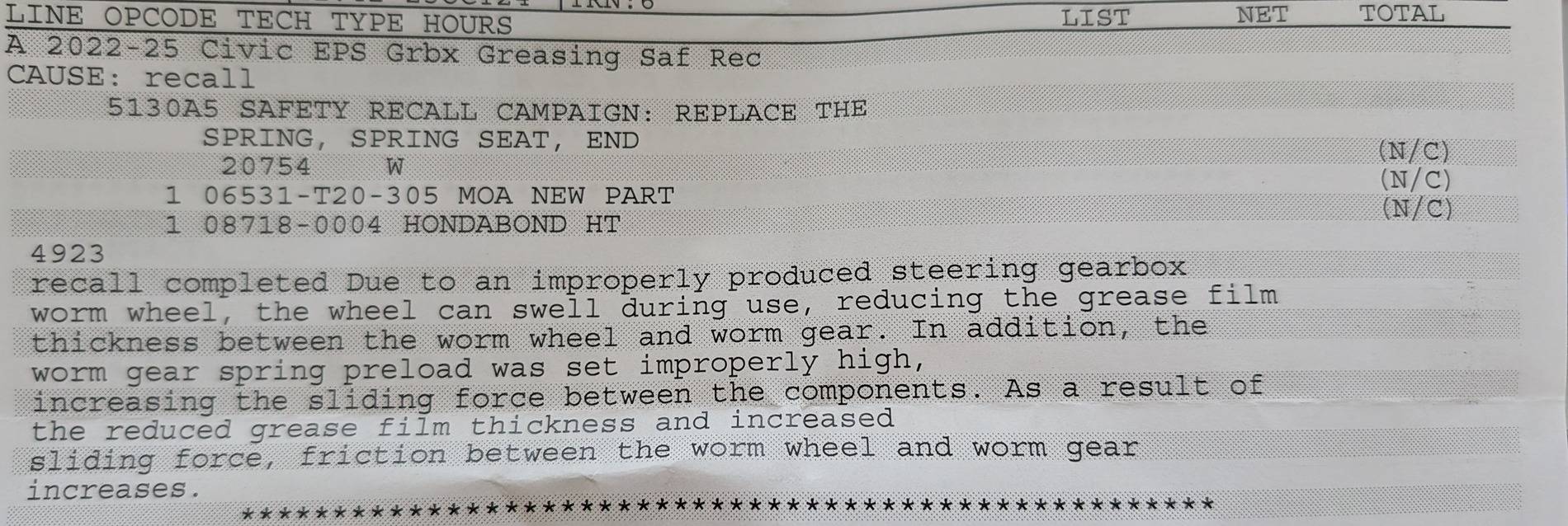 11th Gen Honda Civic 2025 FL5 Recall VIN Affected? (2022-2025 Civic Steering Gearbox Assembly) detailed description of recall
