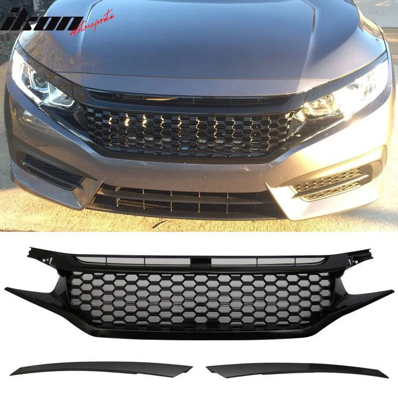 11th Gen Honda Civic 16-17 Civic 10th Gen Sedan and Coupe - Gloss Black Mesh Grille With 2PC Eyebrows - HG-HC16SI3P-BK HG-HC16SI3P-BK-01