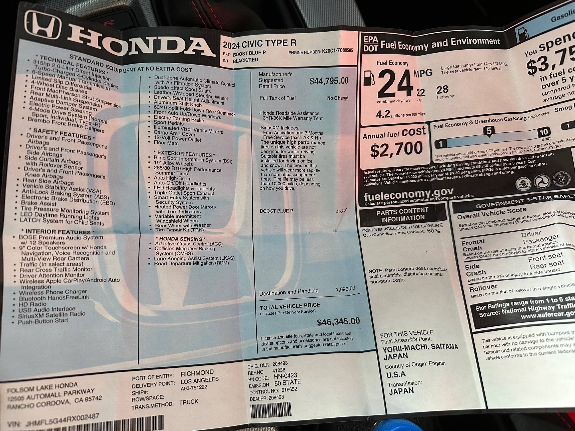 11th Gen Honda Civic 2024 Boost Blue Pearl w/ ITS and CTR ADS modules IMG_2025