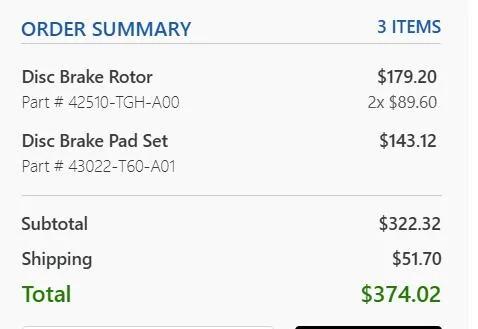 11th Gen Honda Civic 2023 Type R Rear Brake Pads/Rotors OEMpads