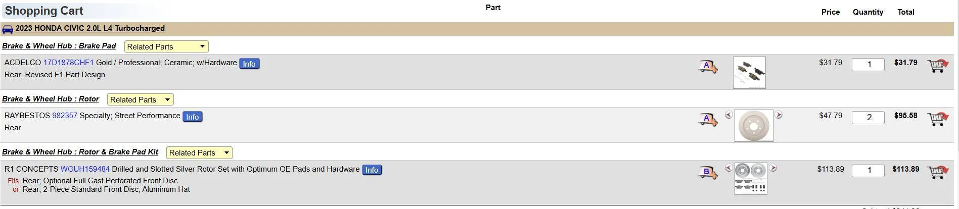 11th Gen Honda Civic 2023 Type R Rear Brake Pads/Rotors rockautopads
