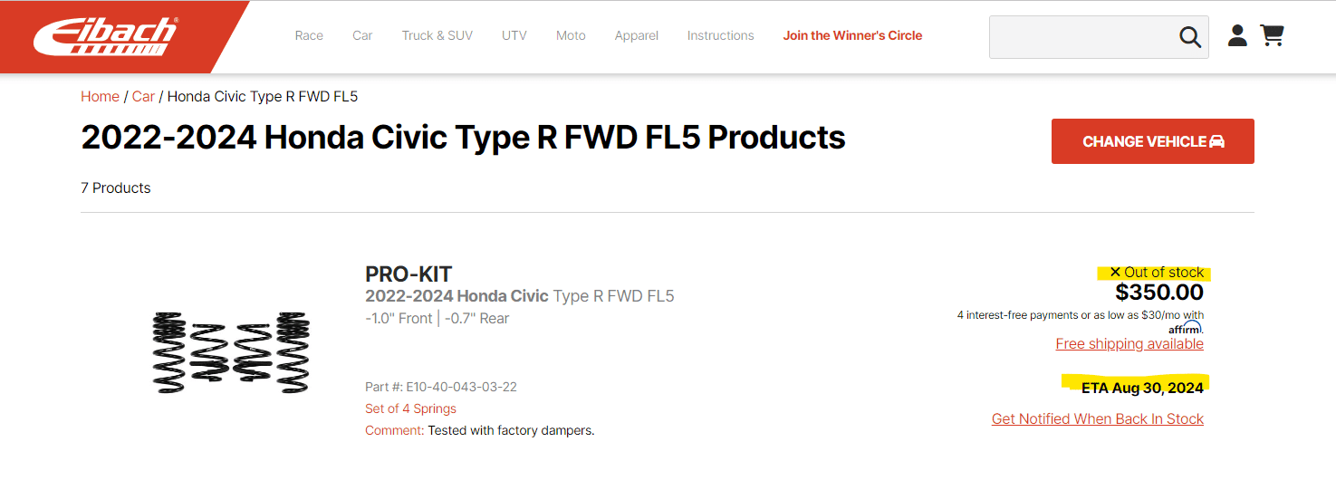 11th Gen Honda Civic Eibach Pro-Kit Lowering Springs For 22-24 Honda Civic Type R FL5 Screenshot 2024-06-28 101634