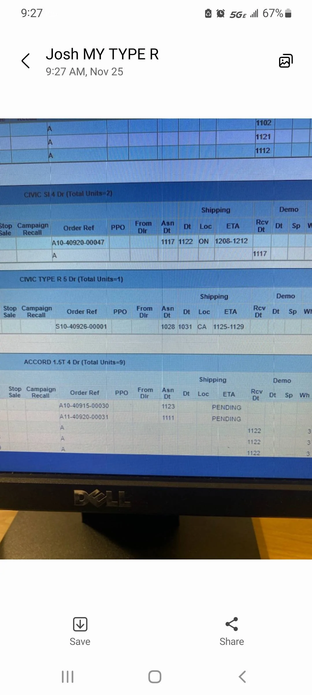 11th Gen Honda Civic East Coast FL5 Delivery Estimates/Confirmations Screenshot_20221125-092744_Messages