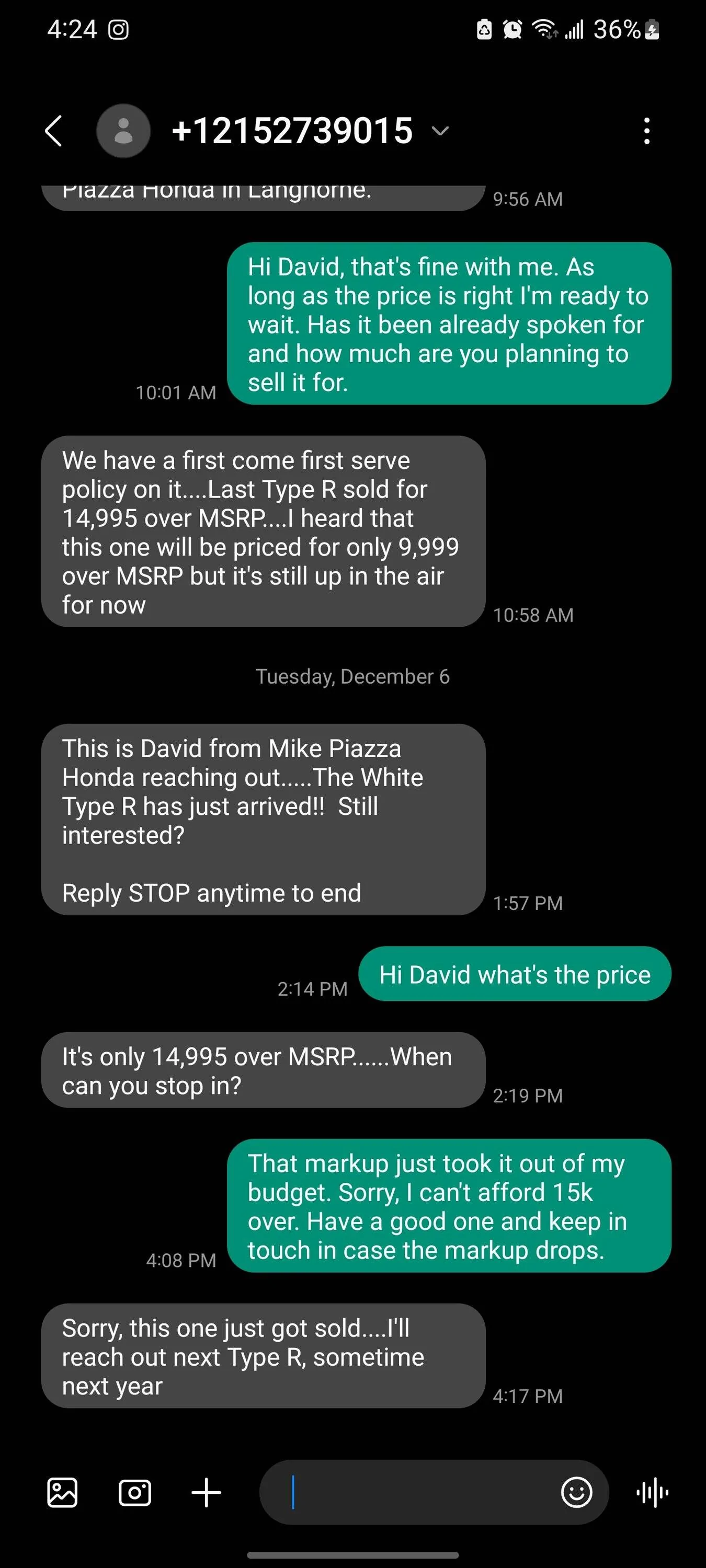 11th Gen Honda Civic East Coast FL5 Delivery Estimates/Confirmations Screenshot_20221206-162433_Messages