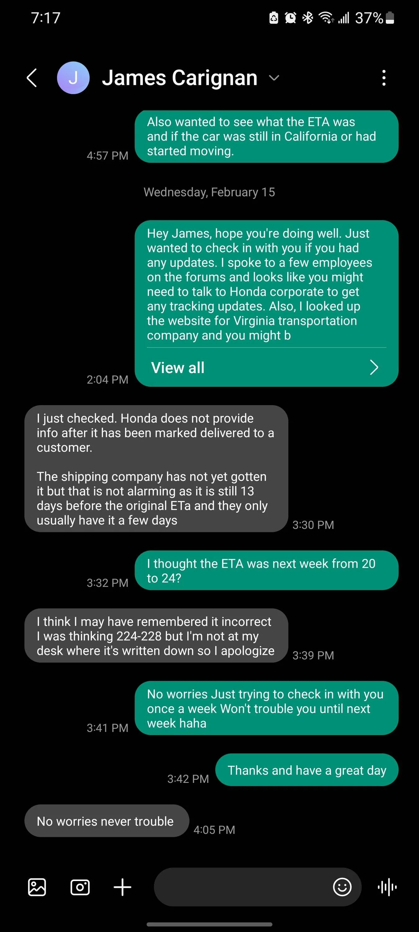 11th Gen Honda Civic East Coast FL5 Delivery Estimates/Confirmations Screenshot_20230215_191742_Messages