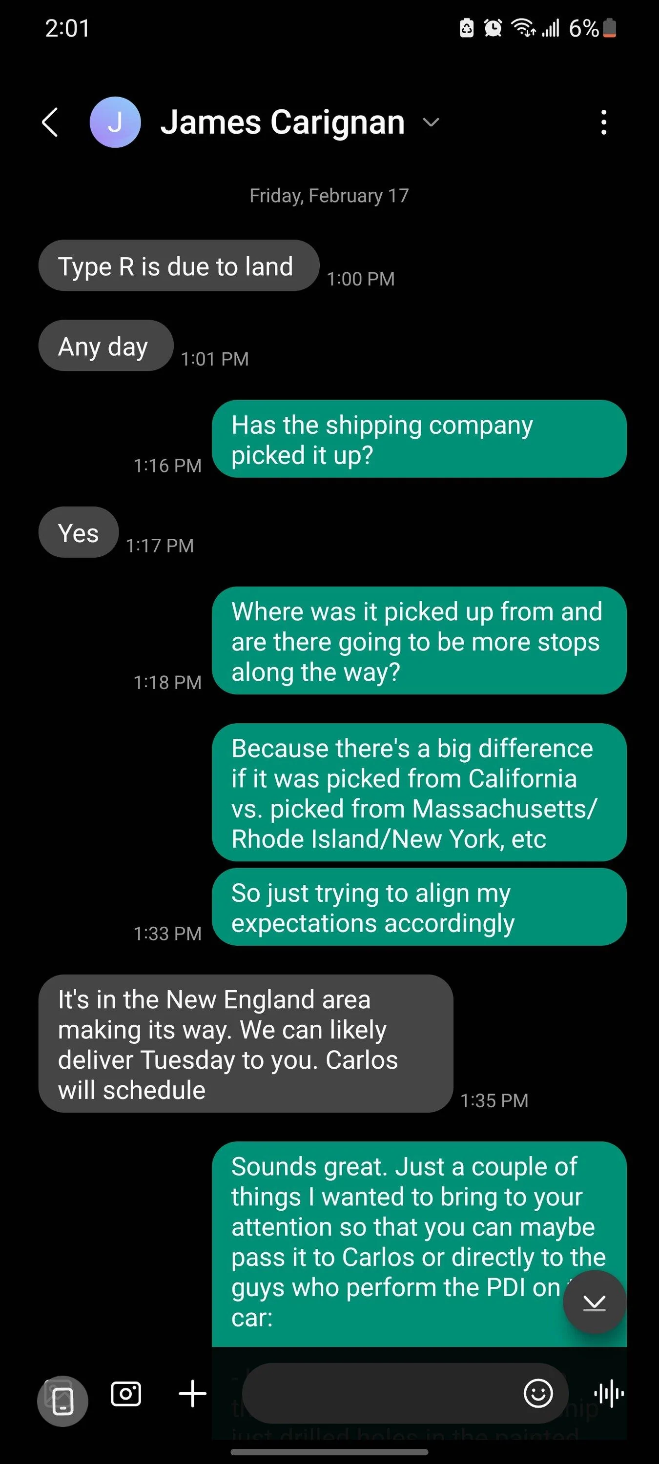 11th Gen Honda Civic East Coast FL5 Delivery Estimates/Confirmations Screenshot_20230217_140153_Messages