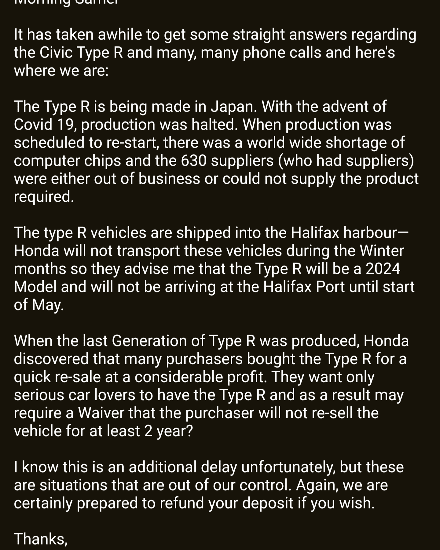 11th Gen Honda Civic Canadian dealer asked what colour Type R I want Screenshot_20231011-134621