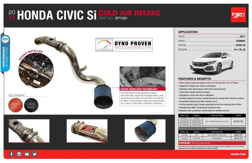 11th Gen Honda Civic 2017 Civic Si Injen Cold Air Intake Now Available | Earn reward Points | We Finance SP1581_NPR