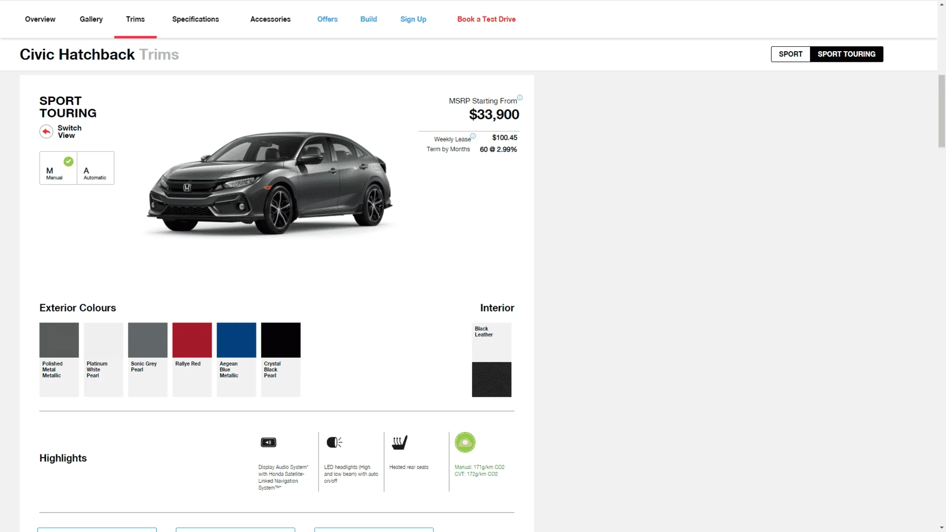 11th Gen Honda Civic Colors for Touring Manual transmission? Trims _ 2021 Civic Hatchback _ Honda Canada